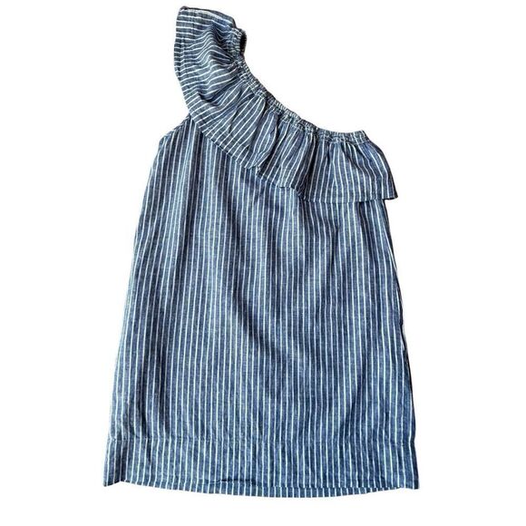 Madewell Linen Blend Striped One-Shoulder Ruffle Chambray Dress Size M - Picture 6 of 11